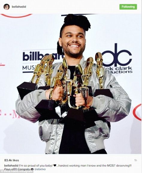 Srill thinking of him: Posting a picture of The Weeknd with all eight of his trophies, Bella posted a sweet tribute to the man she knows as Abel Tesfaye Billboard Awards, Beauty Behind The Madness, Billboard Music, Mtv Videos, Male Artist, Mtv Video Music Award, Video Music Awards, Billboard Music Awards, Celine Dion