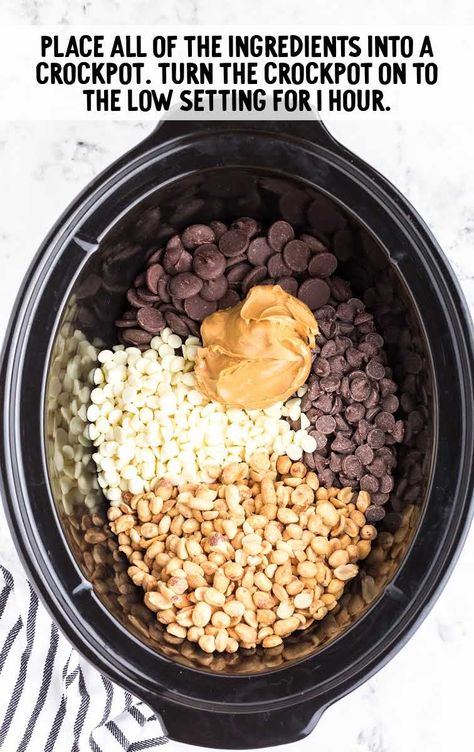 Chocolate Peanut Clusters process shot of ingredients in a crockpot Chocolate Covered Peanuts Crockpot, Crockpot Chocolate Peanut Clusters, Peanut Clusters In Crockpot, Crockpot Chocolate, Crockpot Candy Recipes, Chocolate Nuts Clusters, Chocolate Peanut Clusters, Chocolate Covered Nuts, Chocolate Clusters