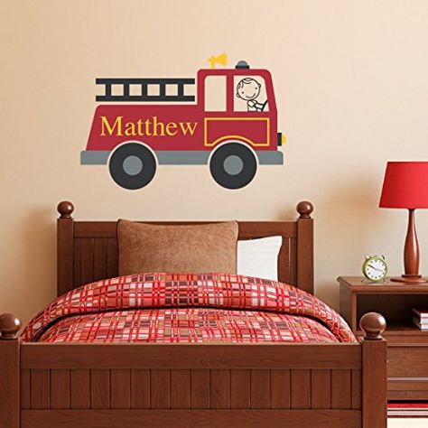 Firetruck Wall Decal Personalized - Boy Firefighter Bedroom, Fire Truck Bedroom, Fire Truck Room, Fireman Decor, Painting Stripes On Walls, Truck Room, Name Wall Stickers, Photo Wall Gallery, Truck Stickers