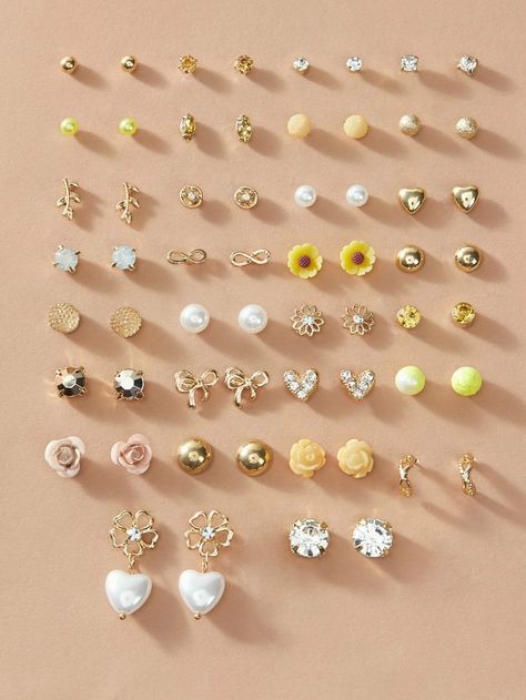 30pairs Floral & Faux Pearl Stud Earrings | SHEIN USA Tiny Gold Earrings, Icon Jewelry, Earrings Shein, Fancy Jewelry Necklace, Indian Jewellery Design Earrings, Simple Stud Earrings, Pearl Decor, Bangles Jewelry Designs, Jewelry Design Earrings