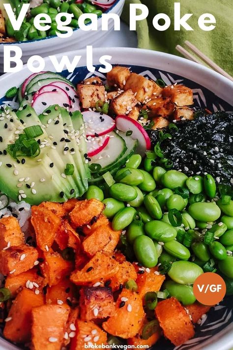 Vegan Poke Bowl, Vegan Poke, Poke Recipe, Miso Sauce, Poke Bowl Recipe, Going Vegetarian, Pickled Veggies, Poke Bowl, Sweet Chili Sauce