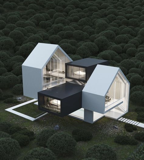 Villa Two Sisters by UFO Studio|Visualization Modern Landscape Design Plans, Box Architecture Concept, House On Slope Architecture, Architecture Roof Design, Roof Design Architecture, Sloped House, Sweden Architecture, Modern Roof Design, Slope House Design