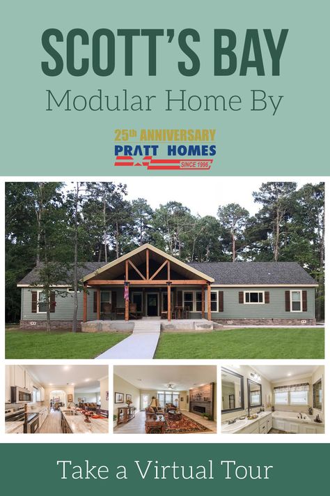 The Scott’s Bay showcases just how spacious modular homes can be and the options that come along with 2,580 square feet and 4 large bedrooms. There is no shortage of space- even for a large family. Don’t need a 4th bedroom? Just think of the options. Playroom? Craftroom? Guest bedroom? Man Cave?? Your options are endless. Modular Home Inspiration, Double Wide Homes Farmhouse, Modular Home Curb Appeal, Modular Exterior Makeover, Modular Homes Porch Ideas, Pratt Homes Modular, How To Make A Modular Look Like A House, 4 Bedroom Manufactured Home Plans, Modular Home With Basement