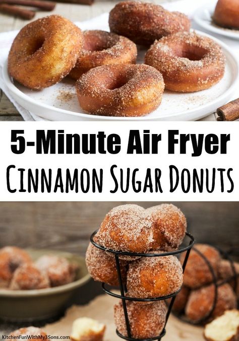 Air Fryer Donuts that are made from refrigerated biscuits! Just 4-ingredients and 5 minutes to make. These delicious donuts will be your new favorite Air Fryer recipe! Air Fryer Donuts, Air Fryer Recipes Dessert, Cinnamon Donuts, Cinnamon Sugar Donuts, Air Fried Food, Air Fryer Oven Recipes, Air Fry Recipes, Best Air Fryers, Homemade Donuts