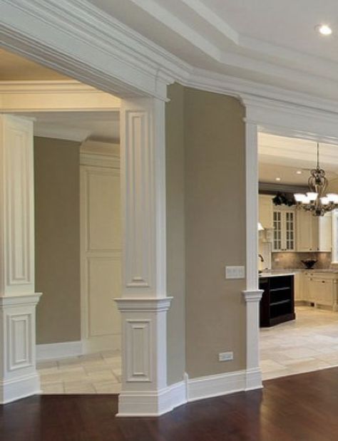 Inside House Pillar Design, Pillar Molding Design, Column Molding Ideas, House Pillar Design, Kitchen Columns, Columns Interior, House Pillars, Entrance Hall Decor, Wainscoting Styles