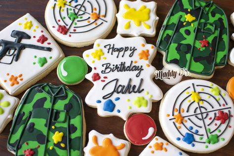 Paintball Cookies Decorated, Paintball Cookies, Paintball Cupcakes, Wand Cookies, Paintball Party Ideas, Camo Cookies, Paintball Cake, Paintball Birthday Party, Paintball Birthday