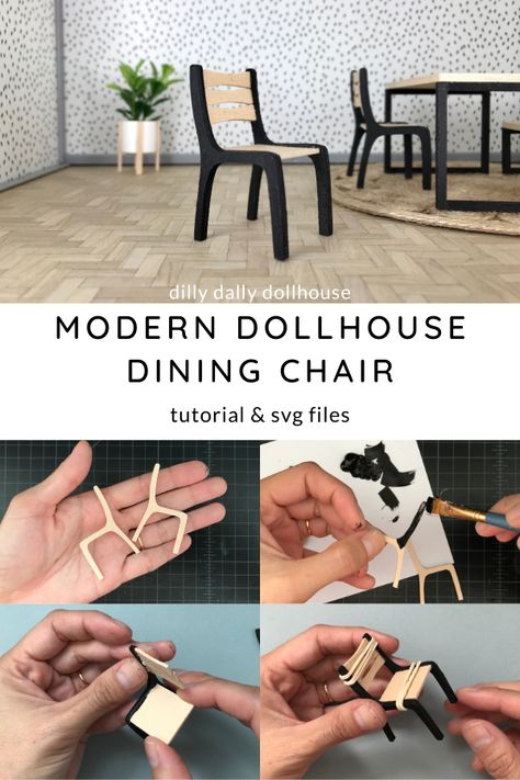 Diy Doll Chair, Dollhouse Chair Diy, Doll House Chairs Diy, Modern Dollhouse Diy, Modern Dollhouse Furniture Diy Miniature Tutorials, Mini Furniture Diy, Miniature Houses Diy How To Make, Diy Dollhouse Furniture 1:12, Cricut Dollhouse Projects