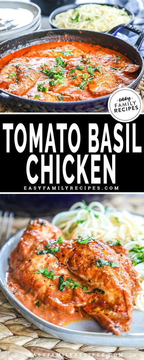 This chicken breast simmered in tomato basil cream sauce is unbelievably DELICIOUS! It is super simple to make with only a few ingredients and one skillet but tastes just like it came out of a restaurant. It is my favorite chicken breast recipe of all time! Even the kids clean their plates when we make this easy dinner! Creamy Tomato Basil Chicken, Tomato Basil Cream Sauce, Tomato Basil Chicken Recipe, Tomato Basil Recipes, Chicken Basil Pasta, Basil Cream Sauce, Tomato Basil Chicken, Easy Family Recipes, Chicken Skillet