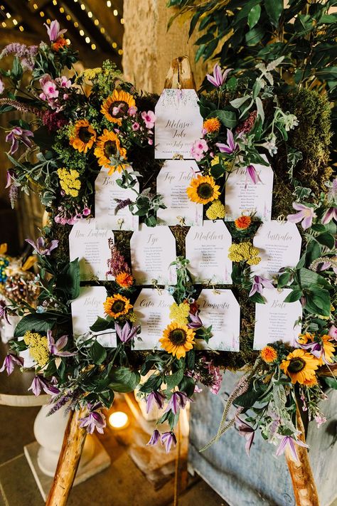 Moss and flower table plan with bright coloured florals and sunflowers | Love Luna Photography Wild Flowers Uk, Barn Rustic Wedding, Dark Red Bridesmaid Dresses, Dinner Board, At Home Wedding, Moss Wedding, Rustic Sunflower Wedding, Diy Wedding Inspiration, Sunflower Themed Wedding