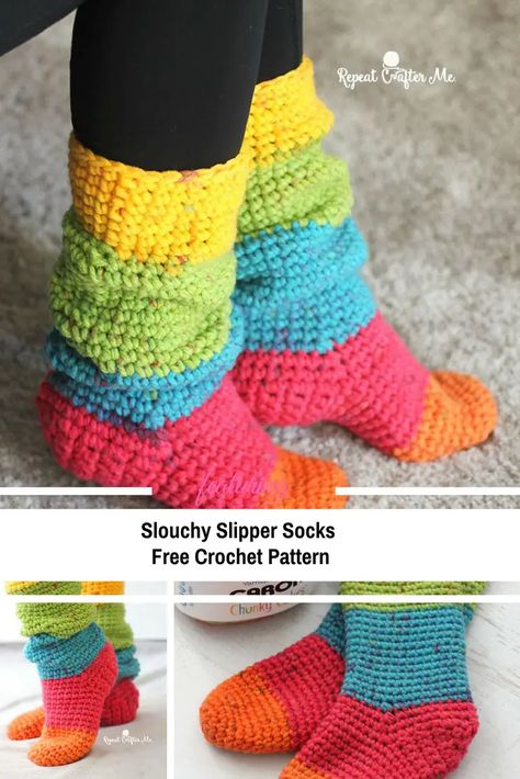 Quick And Easy Slouchy Slipper Socks [Free Pattern] - Daily Crochet Crochet Footie Socks Pattern, Crochet Reading Socks Free Pattern, Crochet House Slippers Pattern, Crochet Bedroom Slippers, Crochet Slouch Socks Free Pattern, Crochet Slouchy Socks, Crochet Boot Slippers Free Pattern, Crochet Toe Socks, Easy Crochet Sock Pattern