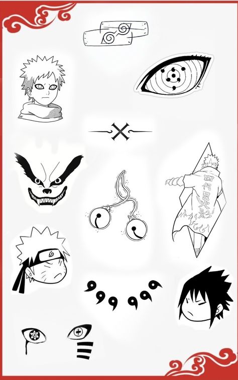 Anime Patch Work Tattoos, Minimalistic Naruto Tattoo, Gara Tattoos Ideas, Naruto Tattoo Ideas Symbols, Anime Symbols Tattoo, Naruto Flash Tattoo, Itachi Tattoo Ideas, Small Anime Tattoos Ideas, Flash Tattoo Anime