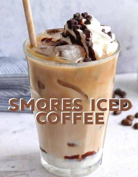 Smores Iced Coffee Recipe, Starbucks Smores Iced Coffee, S’mores Iced Coffee, S’mores Coffee, Smores Iced Coffee, Home Made Iced Coffee, Coffee Recipes At Home, Diy Iced Coffee, Easy Coffee Drinks