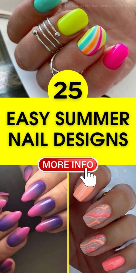 Beginners will love these easy summer nail designs. Featuring simple techniques for short nails and beginners coffin shapes, our DIY guides highlight color combos and pink hues that make a statement in 2024. Add a pretty sparkle for an extra touch. Neon Green Nails Design, Neon French Tips, Easy Summer Nail Designs, Summer Green Nails, Easy Nail Designs Summer, Lime Green Nails, Long Almond Nails, Summer Nail Designs, Green Nail Designs