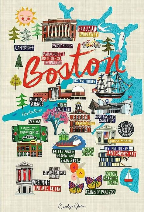 Boston Map Illustration, Boston Map Art, Boston America, Salem Massachusetts Travel, Massachusetts Aesthetic, Boston Travel Guide, Boston Trip, Carolyn Gavin, Boston Map