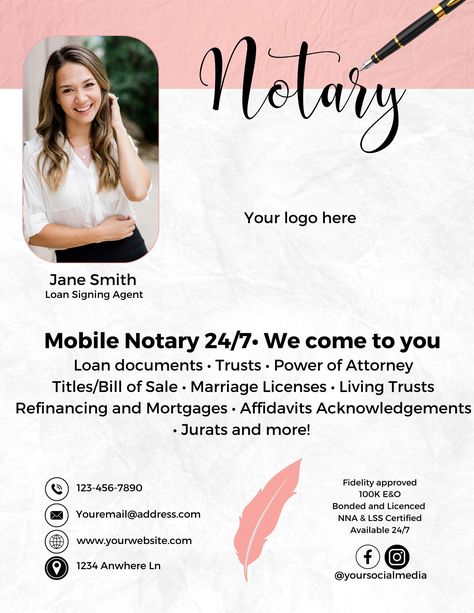 Loan Signing Agent Business Cards, Loan Signing Agent Marketing Ideas, Notary Aesthetic, Notary Signing Agent Marketing, Notary Flyer, Notary Business Cards, Mobile Notary Business, Business Hashtags, Public Notary