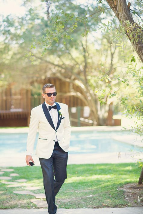 in love with the groom's white tux with dark trim and pants - great look! ~  we ❤ this! moncheribridals.com Dinner Jacket Wedding, White Tuxedo Wedding, White Tux, Groom Tux, Wedding Tux, Groom Wedding Attire, Groom Tuxedo, Wedding Suits Groom, White Tuxedo