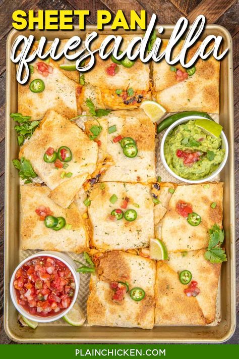 Sheet Pan Quesadilla Recipe - giant quesadilla stuffed with chicken, black beans, Rotel, sour cream, taco seasoning, Rotel tomatoes, lime juice, and lots of gooey cheese! This is easy to make and full of great flavor. This is the perfect party food to feed a crowd and a delicious weeknight dinner the whole family will enjoy! Guacamole Recipe With Rotel, Sheet Pan Quesadillas Chicken, Chicken Sheet Pan Quesadilla, Xmas Desserts Recipes, Sheet Pan Quesadilla, Pan Quesadilla, Sheet Pan Quesadillas, Mexican Chopped Salad, Rotel Recipes