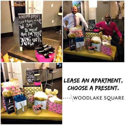 At one of my communities we did a celebration station, lease an apartment and they get to pick a gift! Really fun and really worked! Move In Gifts Apartments, Apartment Staging, Resident Events Ideas Apartments, Community Marketing, Resident Appreciation, Property Management Marketing, Outreach Marketing, Leasing Consultant, Resident Retention