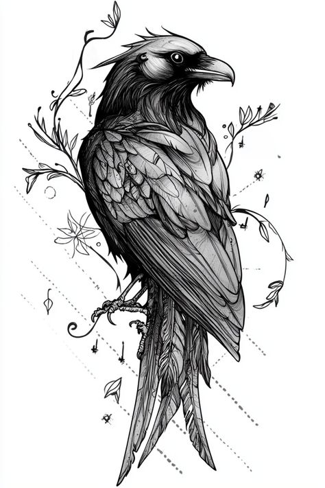 A highly detailed tattoo sketch of a raven with striking feathers and floral elements, perfect for dark-themed tattoo designs. Raven Tattoo Design Sketch, Raven Tattoo Drawing, Feminine Raven Tattoo, Raven Tattoo Stencil, Raven Wing Tattoo, Raven Art Drawing, Raven Art Dark, Crow Outline, Raven Drawings