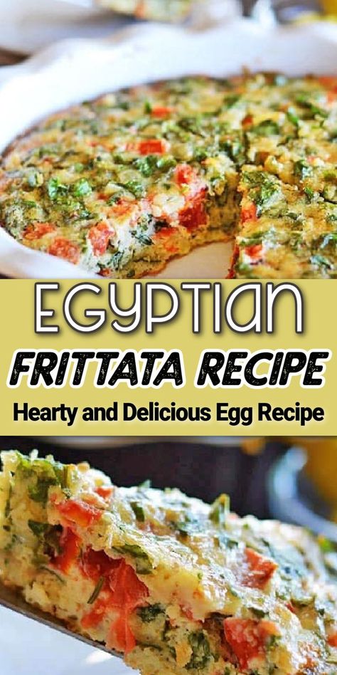 An egg Frittata recipe with Pinterest overlay. Breakfast Frittata, Frittata Recipe, Persian Cuisine, Egyptian Food, Veg Dishes, Egg Recipe, Frittata Recipes, Egg Dish, Mediterranean Diet Recipes