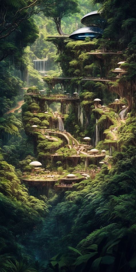 Jungle City Fantasy Art, Urban Fantasy Aesthetic City, Earth Kingdom Aesthetic, Fantasy World Forest, Fantasy Rainforest, Futuristic Forest, Jungle Landscape, Earth City, Eco Architecture