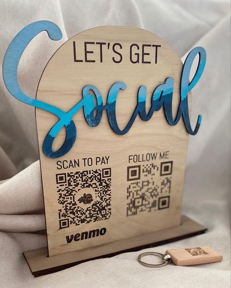 Social media sign, let’s get social marketing sign. One QR code for all social media and one for payment. Small Business Signs, Custom Business Signs, Social Media Signs, Laser Cut Wood Crafts, Create Your Own Business, Laser Engraved Ideas, 3d Cnc, Google Reviews, 3d Laser