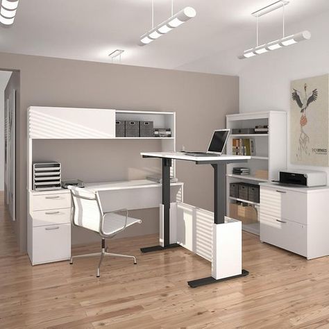 Desk Office Ideas, System Furniture, Standing Desk Office, L Shape Desk, Rustic Office, Desk With Hutch, Office Renovation, Interior Fit Out, White Desk