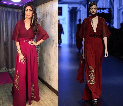 Winter just got hotter with this Shilpa Shetty Kundra slaying in Ridhi Mehra's Maroon Jumpsuit with Dupatta. Shop now! #ShilpaShettyKundra #slay #RidhiMehra #Maroon #Jumpsuit #Dupatta #indianfashion #indiandesigners #bollywoodfashion #celebcoset #getthelook #shopnow #happyshopping #perniaspopupshop Jumpsuit With Dupatta, Latest Designer Saree, Ridhi Mehra, Fashion Designer Clothes, Saree Lehenga, Shilpa Shetty, Wedding Jumpsuit, Cotton Kurti Designs, Kendall Jenner Outfits