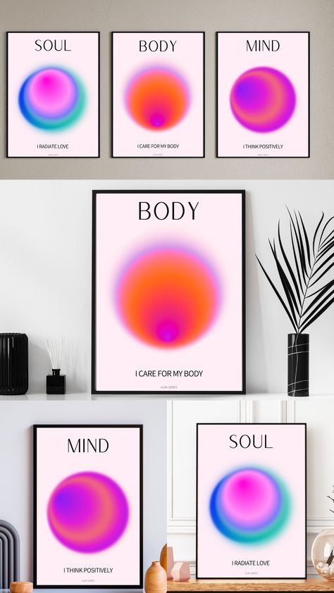 Instant Download Vibrant gradient Wall Art Set of 3, featuring titles: Body, Mind and Soul and affirmations 'I radiate love', I care for my body' and 'I think positively' Y2k Poster, Soul Poster, Vibrant Gradient, Poster Set Of 3, Body Mind Soul, Y2k Posters, Chakra Art, Art Body, Mind Body Soul