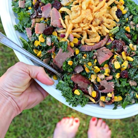 Brisket, Corn & Kale Salad with Low-fat Creamy Texas Dressing - thefitfork.com Brisket Salad, Corn Kale Salad, Leftover Beef, French Fried Onions, Barbeque Sauce, Roasted Corn, Dried Cherries, Kale Salad, Beef Brisket