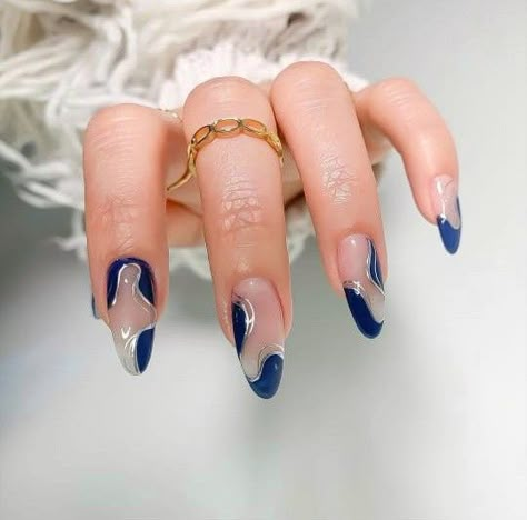 Blue Prom Nails, Blue And Silver Nails, Hoco Nails, Dark Blue Nails, Navy Nails, Navy Blue Nails, Formal Nails, White Glitter Nails, Blue Acrylic Nails