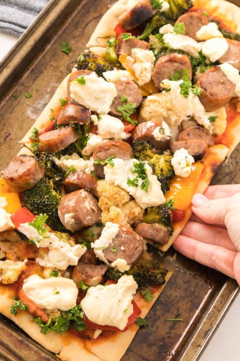 Flatbread Sausage Pizza - Making Frugal FUN Sausage Flatbread, Chicken Cordon Bleu Pasta, Chicken Flatbread Pizza, Bbq Chicken Flatbread, Sheet Pan Sausage, Chicken Flatbread, Sausage Pizza, Sausage Spaghetti, Stuffed Jalapenos With Bacon