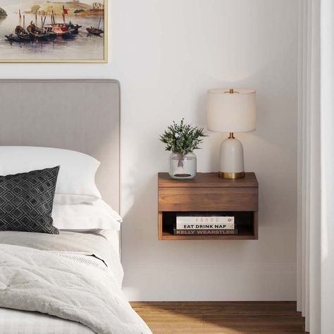 15 Floating Nightstands for a Stylish Bedroom | 10 Stunning Homes Modern Floating Nightstand, Floating Side Table, Floating Drawer, Floating Bedside Table, Nightstand Decor, Side Table Decor, Walnut Side Tables, Прикроватные Тумбочки, Modern Bedside Table