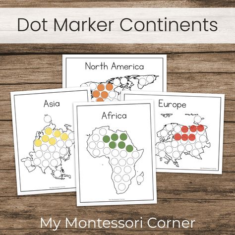 These simple world continent dot marker worksheets make a great fine motor complement to your preschool or kindergarten geography studies. You can use bingo daubers in the traditional Montessori colors to further reinforce your Montessori continent lessons. This set includes 8 continent pages: Africa, Antarctica, Asia, Australia, Europe, North America, South America, and Oceania (with the same image as Australia). What you will receive: - One PDF file, size 8.5 by 11 inches - 8 dot marker worksheets with the continents labeled ------------------------------------------------- You may also be interested in these World Continents shadow matching cards: https://www.etsy.com/listing/1393829501/ Or you may like my world continent lacing cards: https://www.etsy.com/listing/1387287416/ ---------- Preschool Continent Activities, North America Montessori Activities, Kindergarten Geography, World Continents, Continents Activities, Montessori Geography, Montessori Color, Continents And Oceans, Lacing Cards