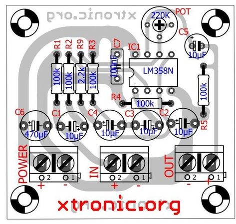 Preamp - Circuit audio preamplifier - IC LM358 dual op amp Circuit_audio-pre-amplifier_lm358_pcb_comp in #Circuits #lm358datasheet #lm358pdf #lm358pinout #lm358an #lm358b Amplificador 12v, Jesus Of Suburbia, Direct Boxes, Diy Amplifier, Electronic Circuit Design, Electronic Circuit Projects, Headphone Amplifiers, Electronic Circuit, Circuit Projects