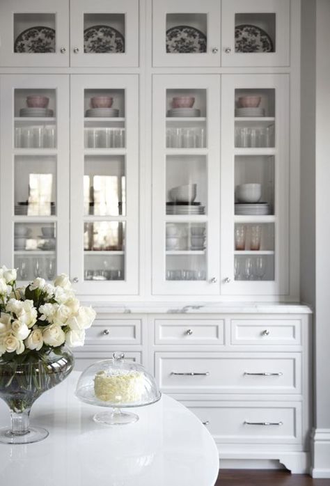 White Kitchen Cabinets with Glass Doors White Kitchen Cabinets With Glass Doors, Dining Cabinets, Glass Kitchen Cabinet Doors, Beautiful White Kitchens, Glass Kitchen Cabinets, Built In Buffet, Cabinet Glass Doors, Cabinets With Glass Doors, House Addition