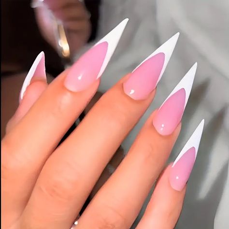 pink and white stiletto nails - Google Search Pink And White Stiletto Nails, Stiletto French Tip, French Stiletto Nails, White Stiletto Nails, Stiletto Press On Nails, Classy Almond Nails, Pink Stiletto Nails, Stiletto Shaped Nails, Acrylic Nails Stiletto