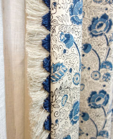 No Chintz Custom Curtains with ruche and fan edge fringe Curtains With Trims, Curtains With Tassel Trim, Curtains With Trimmings, Curtains With Fringe Trim, Curtain Edging Ideas, Drapes With Fringe Trim, Linen Curtains With Trim, Curtains With Trim Living Room, Fringed Curtains