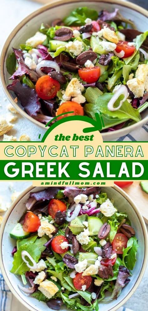 Panera Greek Salad Recipe, Panera Greek Salad, Easy Greek Salad, Panera Recipes, Panera Copycat, Greek Salad Recipe, Copycat Panera, Greek Vinaigrette, Greek Dinners