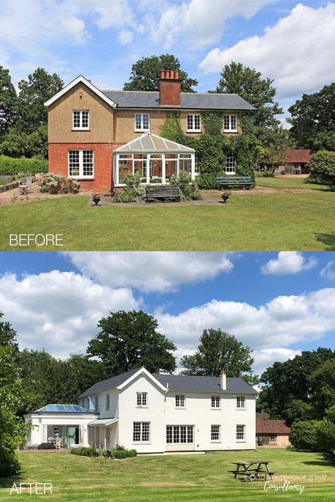 Rendered Farmhouse Exterior, White Render White Windows, Pebbledash Makeover, White Rendered House Exterior, White Rendered House, Rendered House Exterior, New England House Exterior, New England Exterior, Balcony Remodel