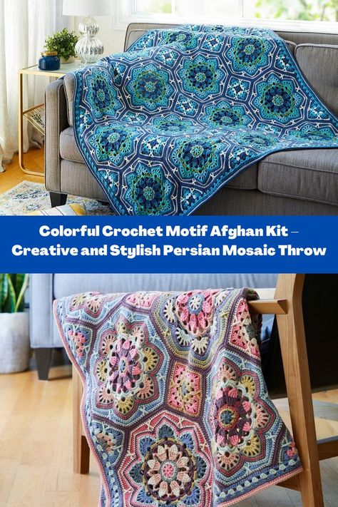 Colorful Crochet Motif Afghan Kit – Creative and Stylish Persian Mosaic Throw crochet motif afghan in beautiful colors #crochet crochet pattern Persian Tile Blanket Free Pattern, Persian Tile Crochet Blanket, Crochet Persian Tiles Pattern Free, Persian Crochet Blanket, Persian Tiles Crochet Pattern Free, Crochet Persian Tiles, Persian Tiles Crochet, Persian Mosaic, Persian Tiles