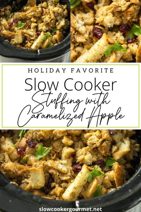 This easy and delicious Slow Cooker Stuffing with Caramelized Apples will help take the stress out of your Thanksgiving. The classic and simple ingredients of your holiday stuffing join up with caramelized apples and dried cranberries to give you a side dish that’s a total show stopper! #slowcooker #stuffing #caramelizedapples #thanksgiving #holidaysides Slowcooker Stuffing, Slow Cooker Stuffing, Crockpot Stuffing, Homemade Stuffing Recipes, Holiday Stuffing, Thanksgiving Menu Recipes, Apple Stuffing, Caramelized Apples, Homemade Stuffing