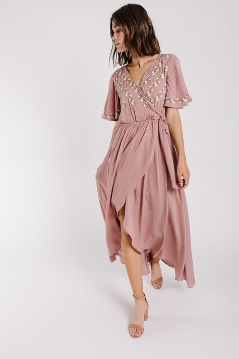 The Parklan Embroidered Wrap Dress in Mauve Walks On The Beach, Material Things, Romantic Outfit, Wrap Dresses, Mauve Dress, Wardrobe Ideas, Feminine Beauty, Bridesmaids Dresses, New Wardrobe