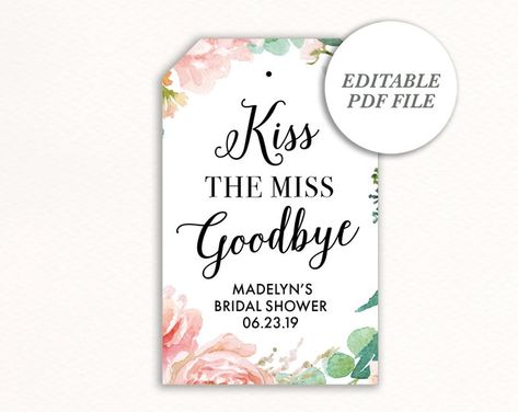 Kiss the miss goodbye labels | Etsy Kiss The Miss Goodbye Favors, Newlywed Game Questions, Kiss The Miss Goodbye, Bridal Shower Questions, Easy Party Favor, Newlywed Game, Bachelorette Favors, Bridal Shower Favor, Party Favor Tags