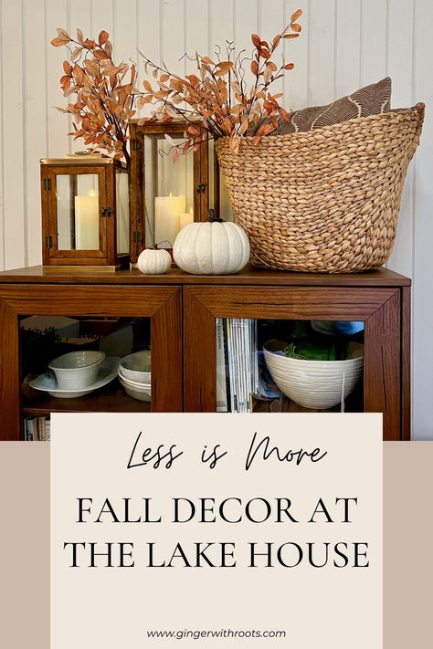 wood armoire with lanterns and basket with fall decor Autumn Blessings, The Lake House, Lake Side, Lake Cabin, Lake Cabins, Holiday House, Lake House Decor, At The Lake, House Renovation