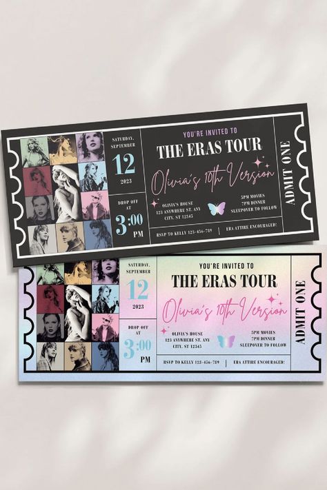 The Eras Tour has been an enormous success, with tickets being just as highly sought after as Taylor Swift's chart-topping hits! These fabulous Taylor Swift Eras Tours concert ticket party invitations are the ultimate must-have for Taylor Swift party! Not only do they capture the essence of a Taylor Swift concert, but they also set the stage for an epic night of music and memories. Your guests will be thrilled to receive these unique invites, setting the tone for a party filled with fun, ... Taylor Swift Ticket Invitation, Taylor Swift Eras Birthday Invitation, Eras Birthday Invitation, Eras Tour Party Invitation, 18th Birthday Party Ideas Taylor Swift, Taylor Swift Party Invite, Eras Party Ideas, Taylor Swift Eras Tour Tickets, Eras Tour Bday Party