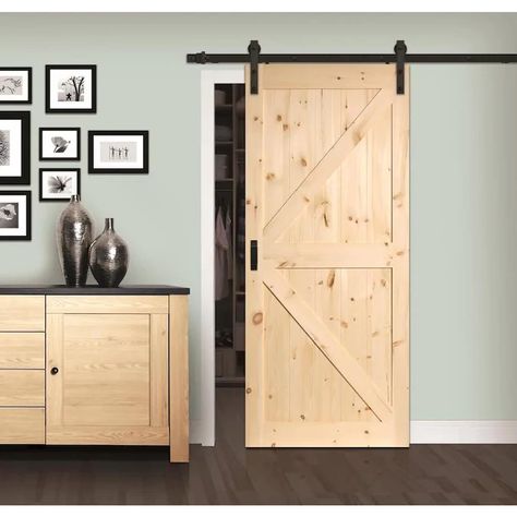 ReliaBilt Sierra 36-in x 84-in Pine K-frame Unfinished Pine Wood Single Barn Door (Hardware Included) in the Barn Doors department at Lowes.com Unfinished Door Ideas, Barn Doors Lowes, Pine Barn Door, Closet Barn Doors, Barn Bedroom, Single Barn Door, Bathroom Barn Door, Bypass Barn Door Hardware, Bypass Barn Door