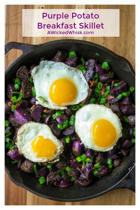 Purple Potato Breakfast Skillet is easy, delicious and the perfect way to start your day. Tasty quick and easy, this Purple Potato Breakfast Skillet will have you looking forward to waking up! | A Wicked Whisk | https://www.awickedwhisk.com #breakfast #breakfastskillet #breakfastideas #brunchideas #brunch #potatoskillet #breakfastpotatoes #purplepotatoes #skillet #skilletpotato Potato Breakfast Ideas, Purple Potato Recipes, Sweet Potato Breakfast Recipes, Breakfast Potatoes Skillet, Breakfast Skillet Recipes, Potato Breakfast Recipes, Potato Breakfast, Purple Sweet Potato, Breakfast Skillet