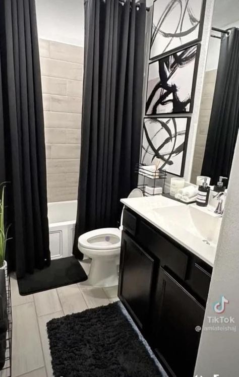 Black And Beige Apartment, Black And Grey Bathroom Ideas, Small Black Bathroom, Beige Apartment, Bathroom Minimal, Apartment Upgrades, Black Bathroom Decor, Girl Bathrooms, White Apartment