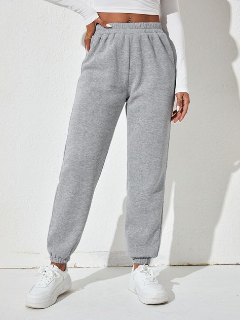 Light Grey  Collar  Fabric Plain  Embellished Medium Stretch Fall/Winter Women Bottoms Grey Sweats, Mode Boho, Grey Sweatpants, Grey Joggers, Inspiration Mode, Grey Women, Womens Sweatpants, Printed Sweatshirts, High Waisted Pants